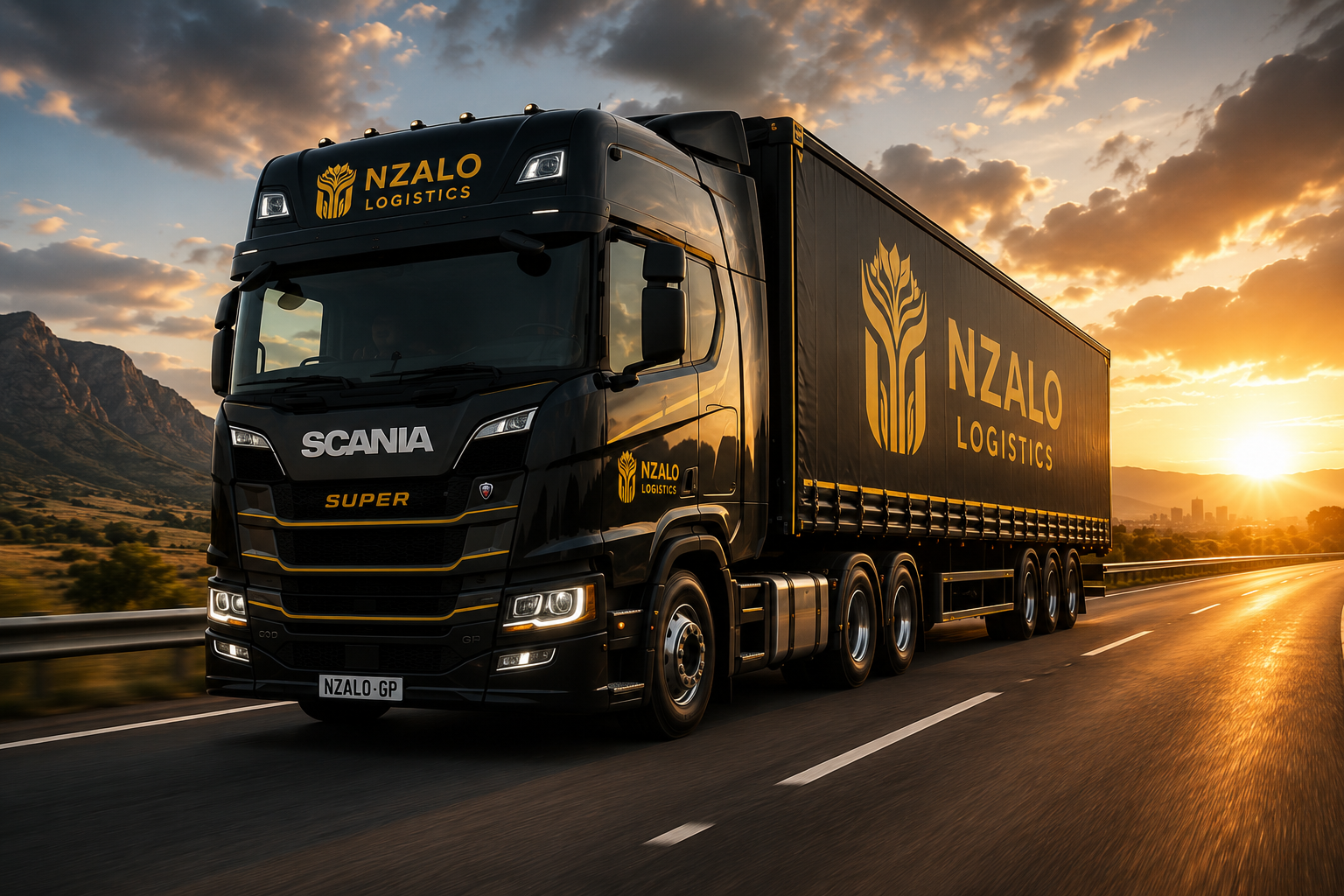 Nzalo Logistics Scania tautliner truck on the highway at sunset